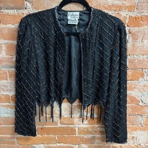 VTG Collection By Monique Cropped Beaded Black Fringe Silk Jacket Women’s Medium